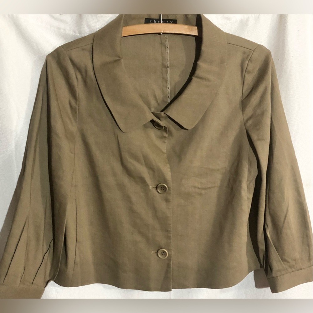 Theory Wool Linen Blazer Sz 4 Crop Stretch Pleat 3/4 Sleeve Office Career Spring